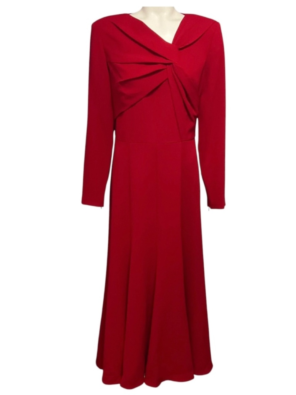 ROLAND MOURET RED LONG SLEEVE LIGHT CADY MIDI DRESS